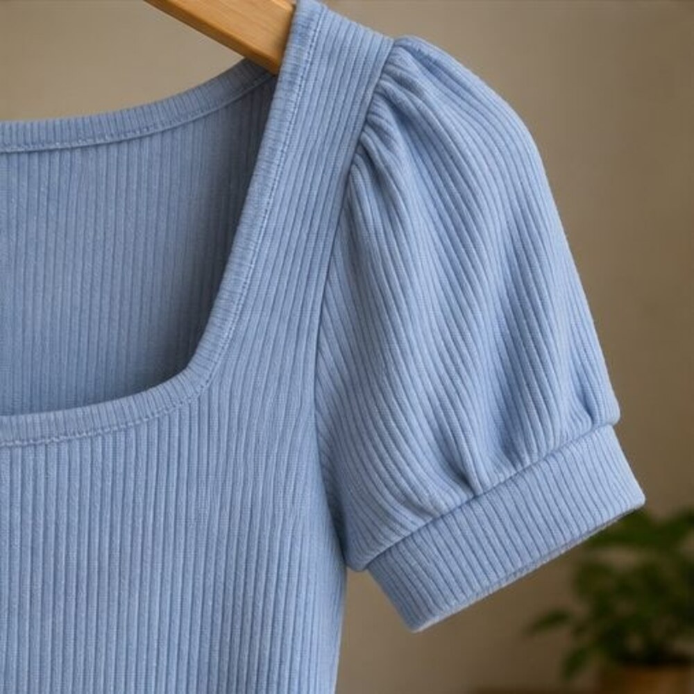 Powder Blue Ribbed Square Neck Top - Picture 5 of 6